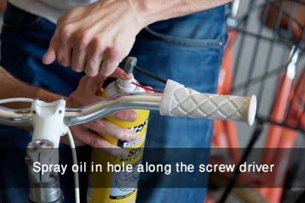 Spray oil in hole along the screw driver